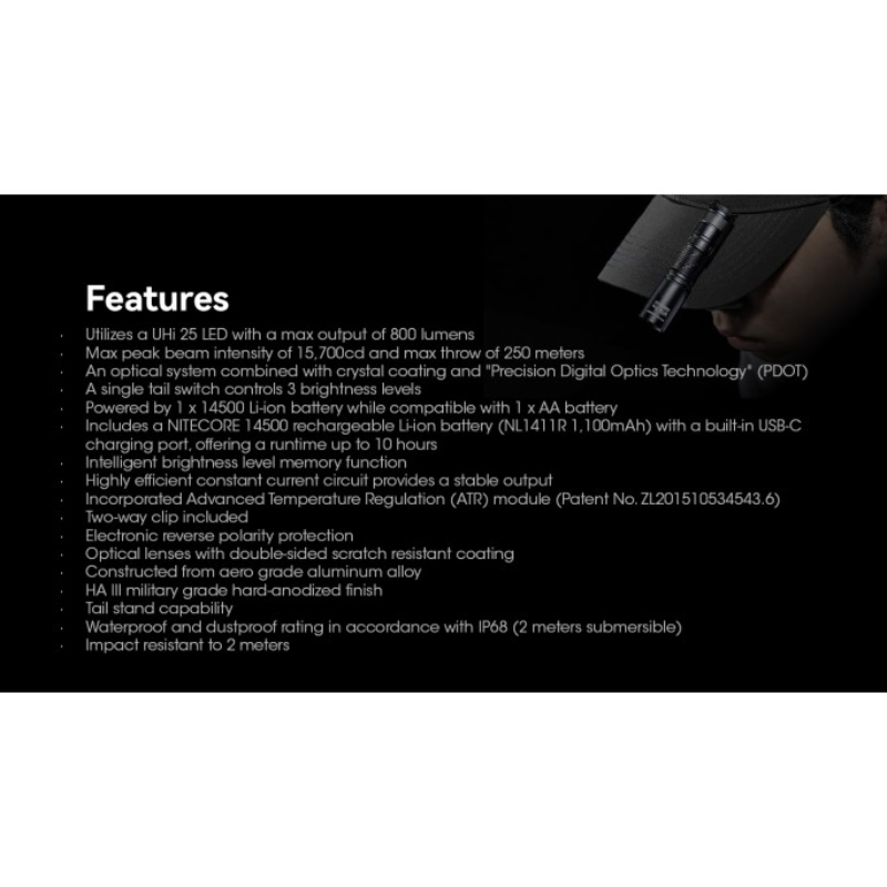 Nitecore MT1A Pro NiteLab UHi 25 LED 800L CW Flashlight w Rechargeable Battery