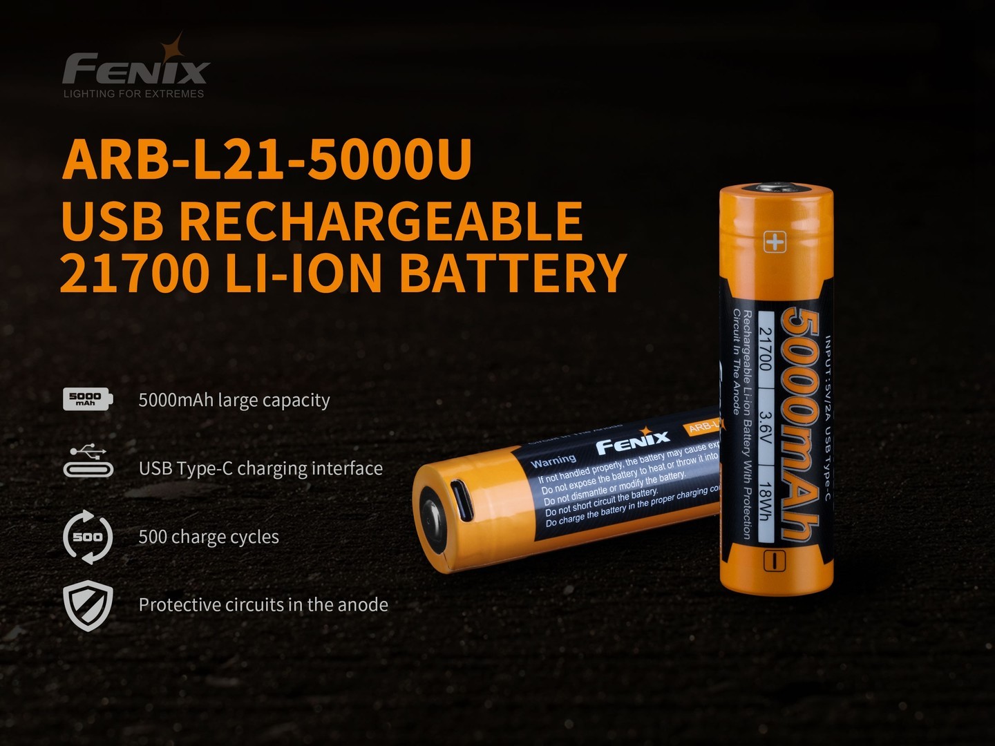 Fenix ARB-L21-5000U 21700 3.6V 5000mAh Li-ion Rechargeable Battery 