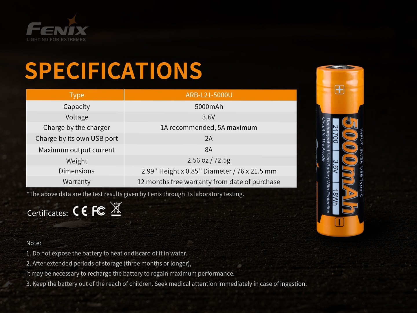 Fenix ARB-L21-5000U 21700 3.6V 5000mAh Li-ion Rechargeable Battery 