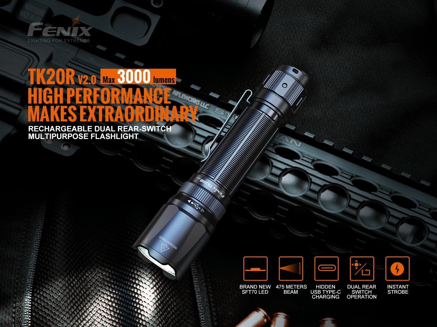 Fenix TK20R V2.0 Rechargeable Tactical Flashlight 3000 Lumens
