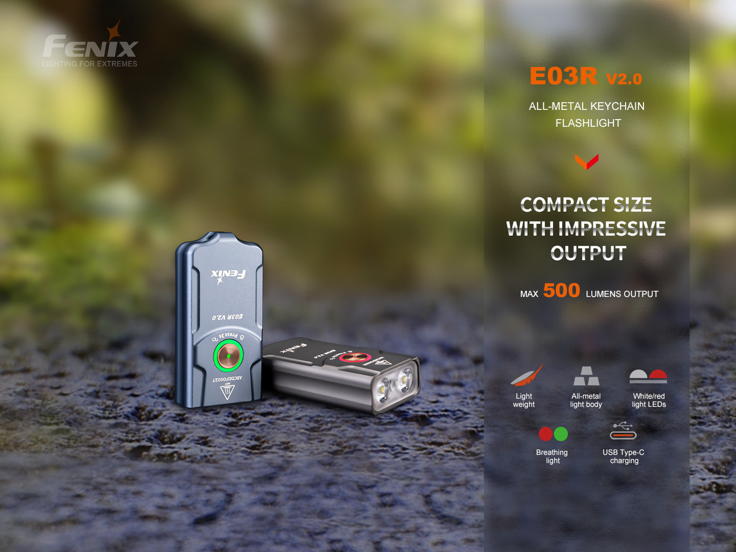 Fenix E03R V2.0 Rechargeable Keychain Flashlight 500 Lumens