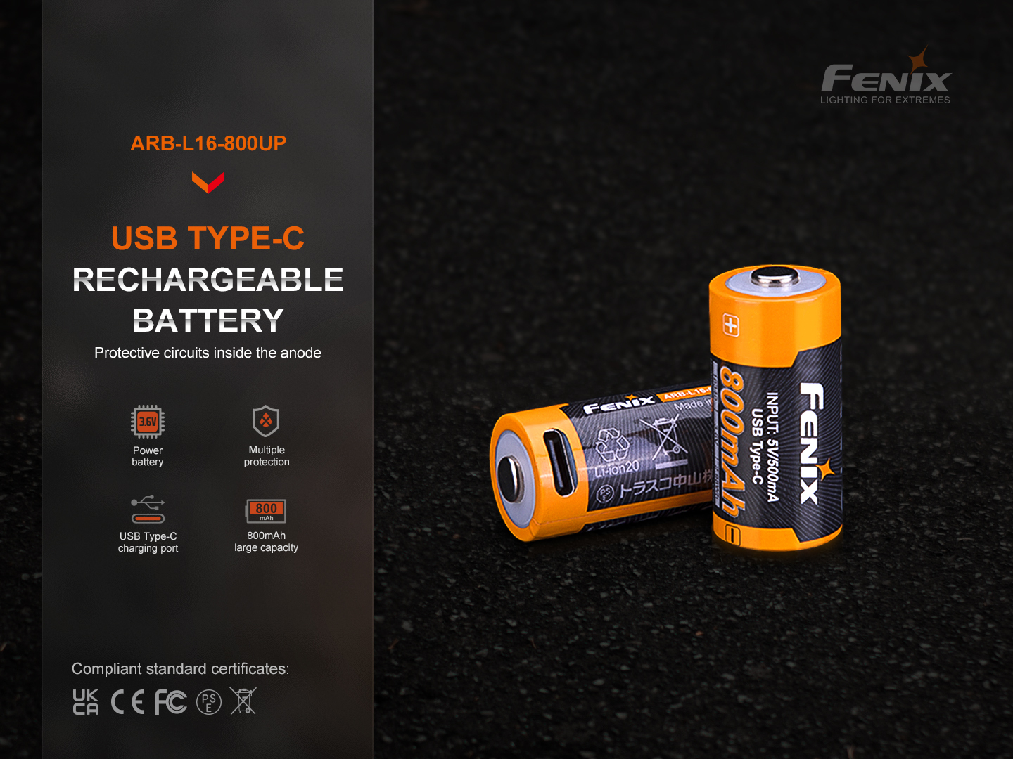 Fenix ARB-L16-800UP 16340 RCR123 800mAh Li-ion USB Rechargeable Battery