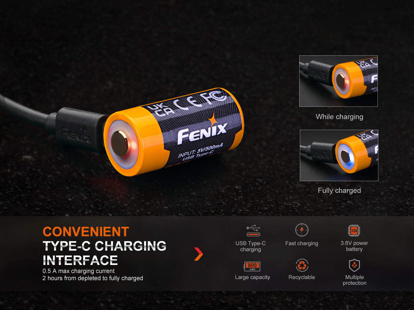 Fenix ARB-L16-800UP 16340 RCR123 800mAh Li-ion USB Rechargeable Battery