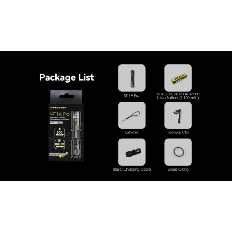 Nitecore MT1A Pro NiteLab UHi 25 LED 800L CW Flashlight w Rechargeable Battery