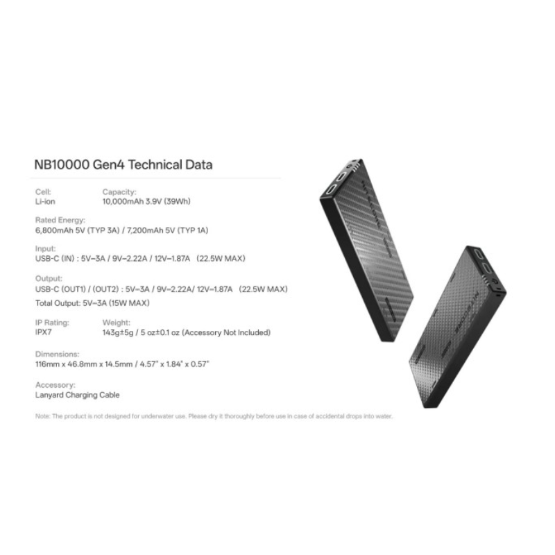 Nitecore NB10000 Gen4 Quick-Charge Dual USB-C Port 10000mAh Power Bank