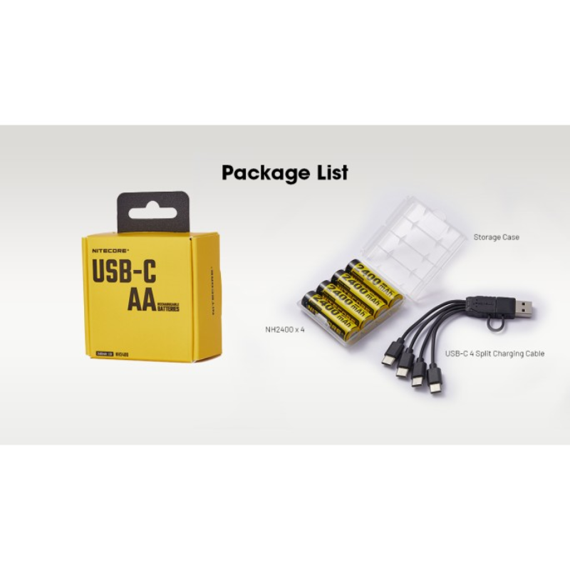 Nitecore NH2400 2400mAh USB-C Rechargeable 1.5V Li-ion AA Battery (4pc Pack) for AA-Powered Flashlights