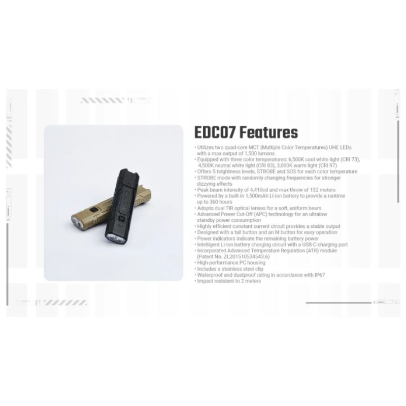 Nitecore EDC07 MCT UHE LED 1500L High CRI Three Color Temperatures EDC Flashlight