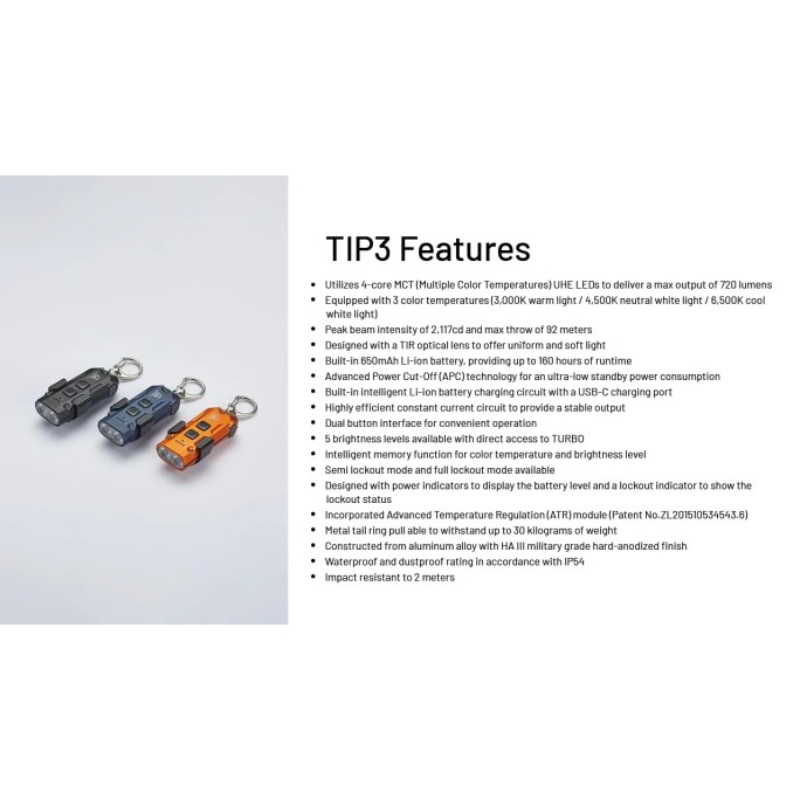 Nitecore TIP3 MCT UHE 720L LED Rechargeable Keychain Flashlight