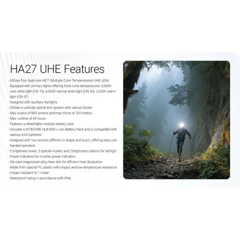 Nitecore HA27 UHE MCT 800L Multiple Color Temperatures Rechargeable Headlamp