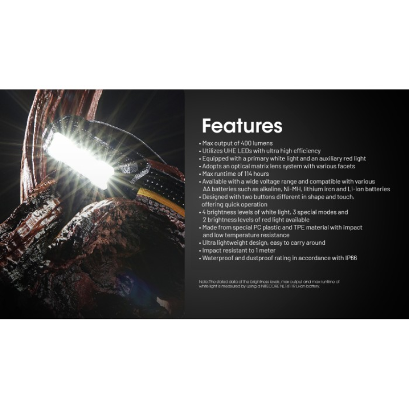 Nitecore HA15 UHE 400L Ultra Lightweight LED AA Headlamp + NL1411R Rechargeable Battery
