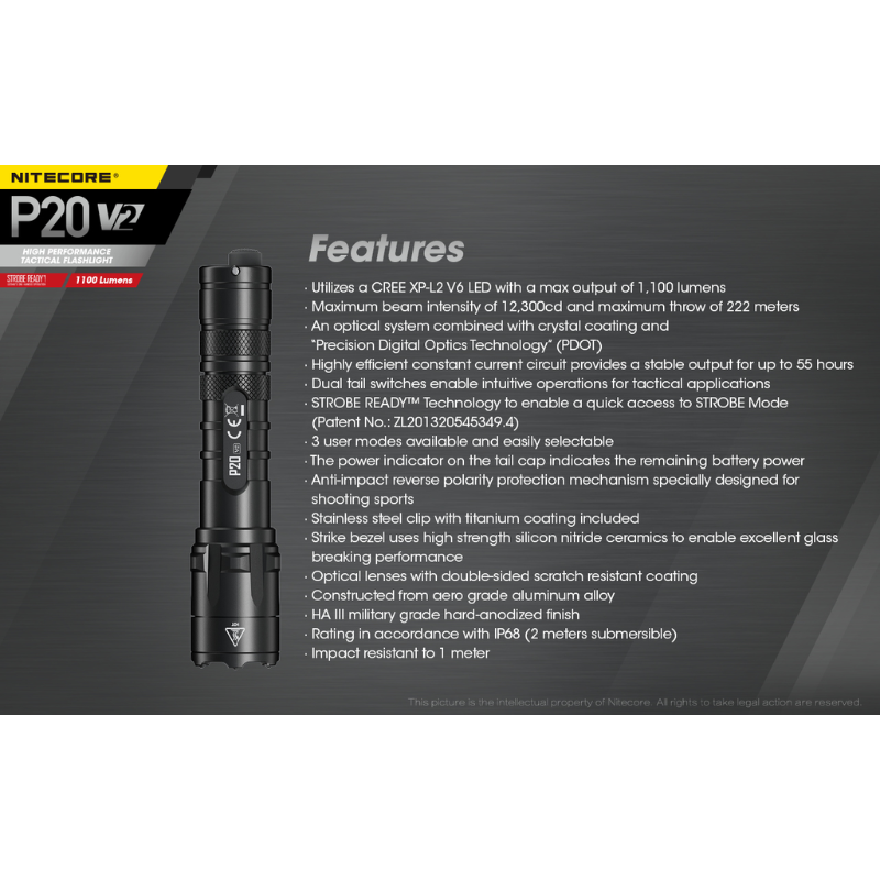 Nitecore P20 V2 1100 Lumens CREE XP-L2 V6 LED Flashlight