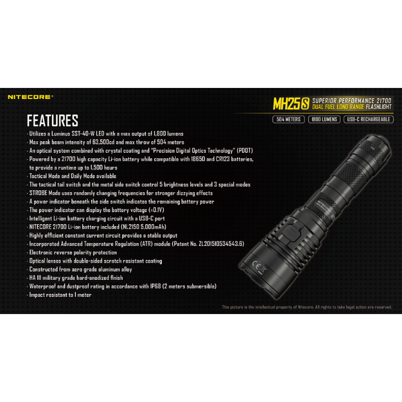 Nitecore MH25S Luminus SST-40-W LED USB Rechargeable 1800L LED Flashlight