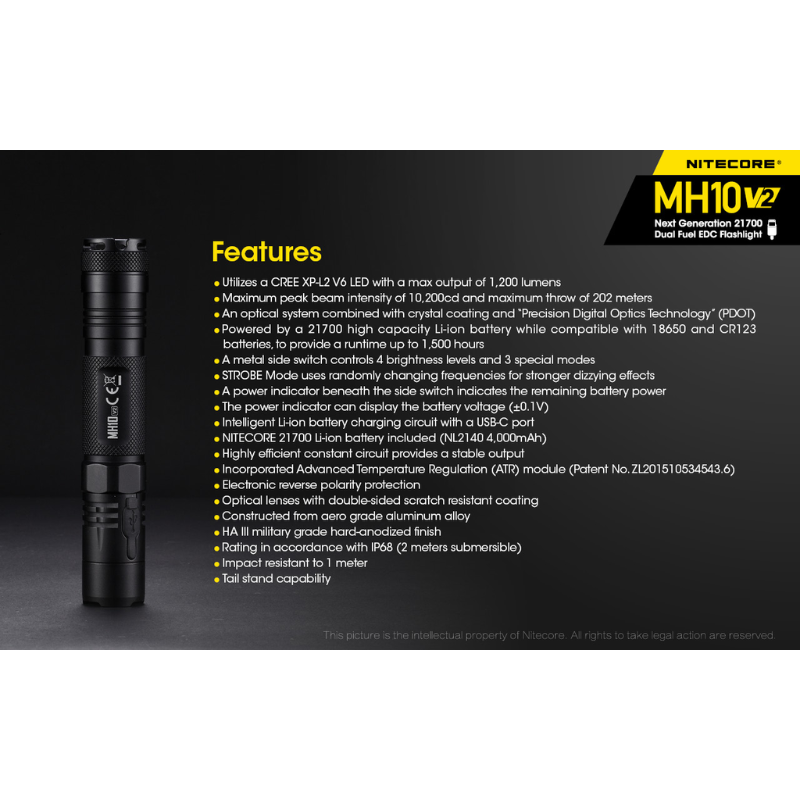 Nitecore MH10 V2 Rechargeable CREE XP-L2 V6 LED 1200L Flashlight w Battery