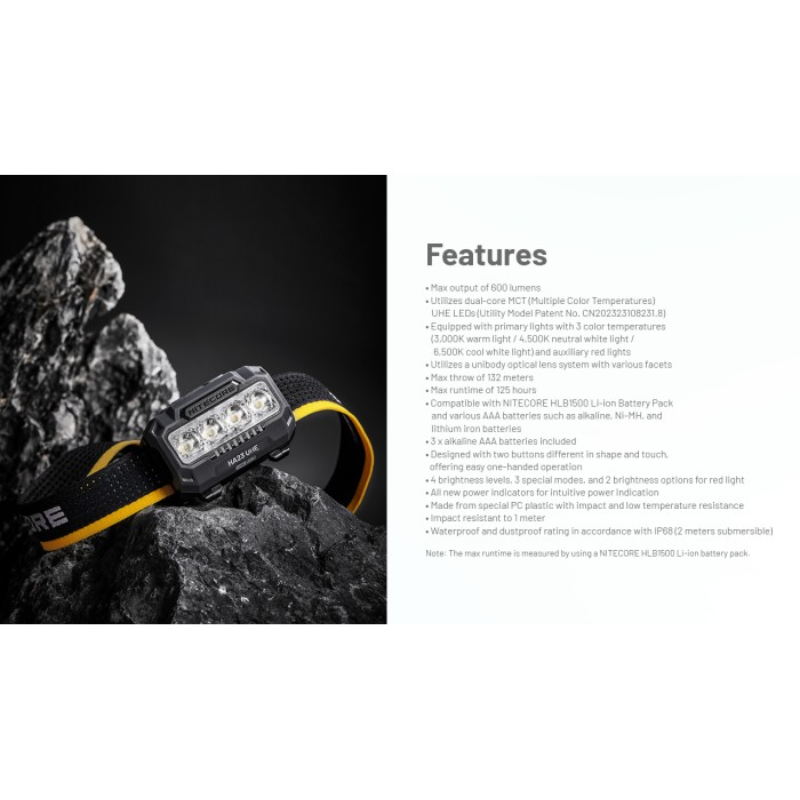 Nitecore HA23 UHE MCT 600L Headlamp + 3xAAA Alkaline Batteries