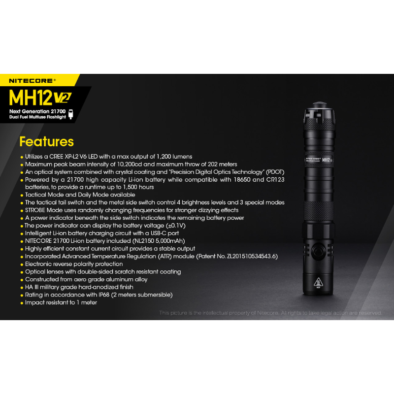 Nitecore MH12 V2 CREE XP-L2 V6 LED 1200L Rechargeable Flashlight