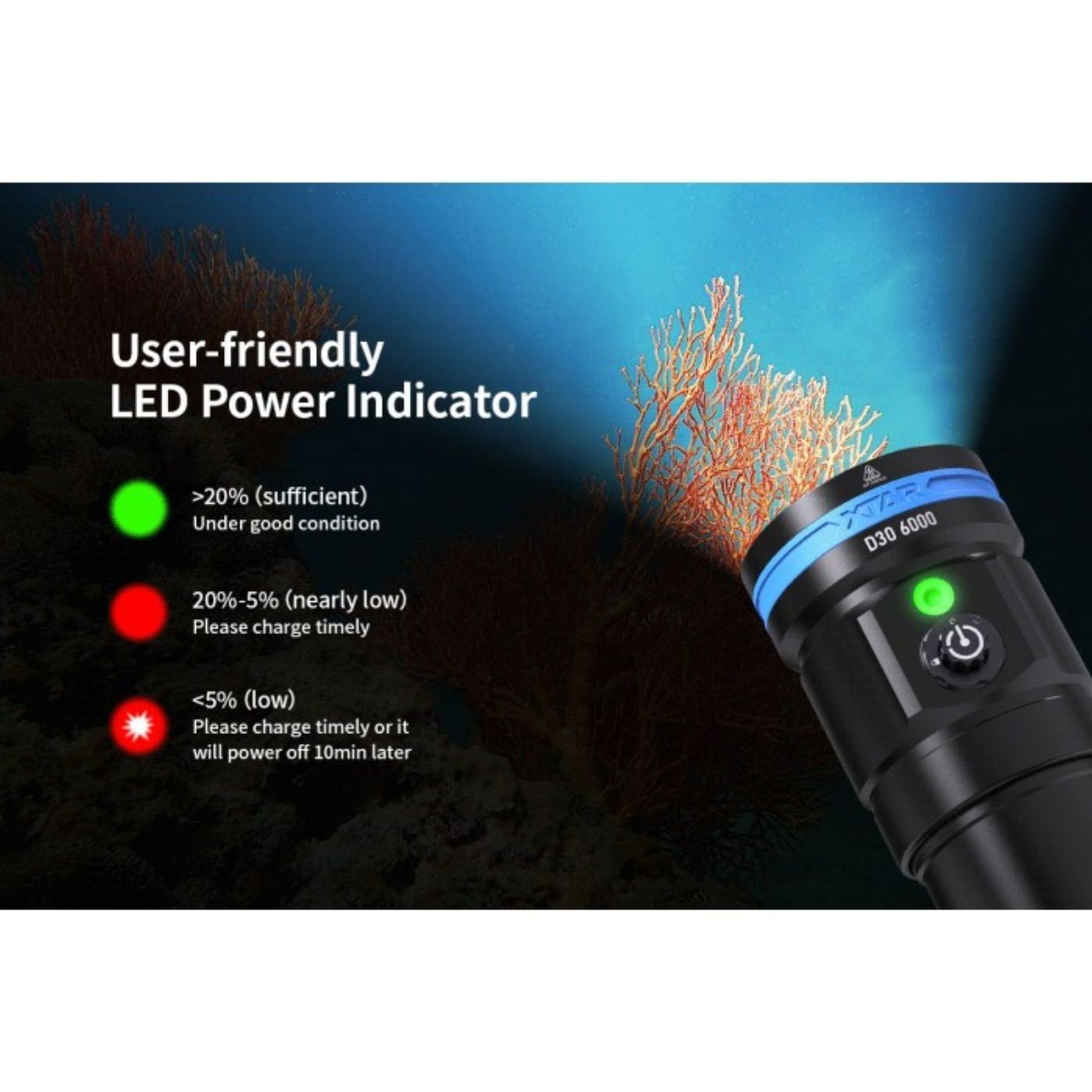 XTAR D30 100m Underwater Photography Diving 6000 Lumen Flashlight