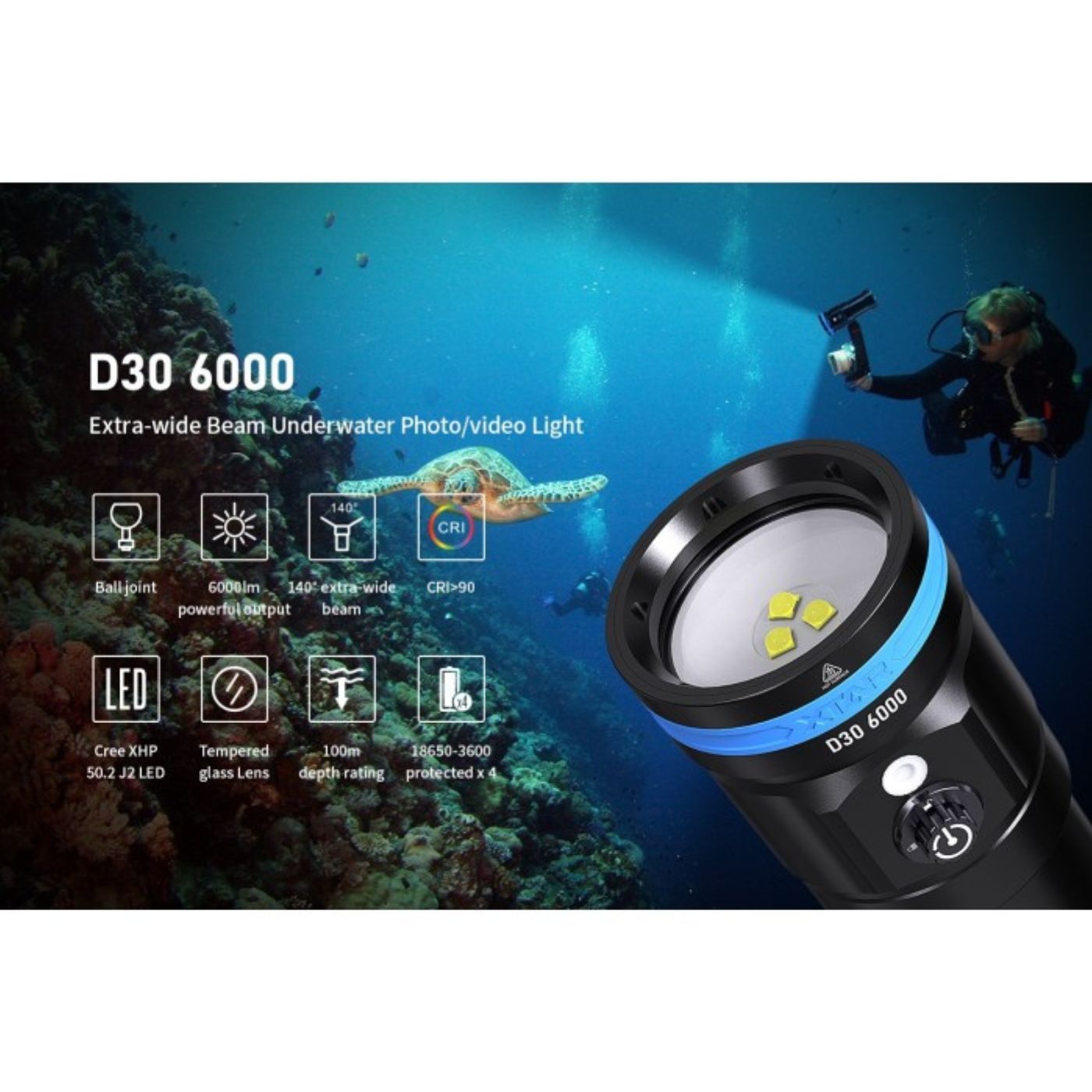 XTAR D30 100m Underwater Photography Diving 6000 Lumen Flashlight