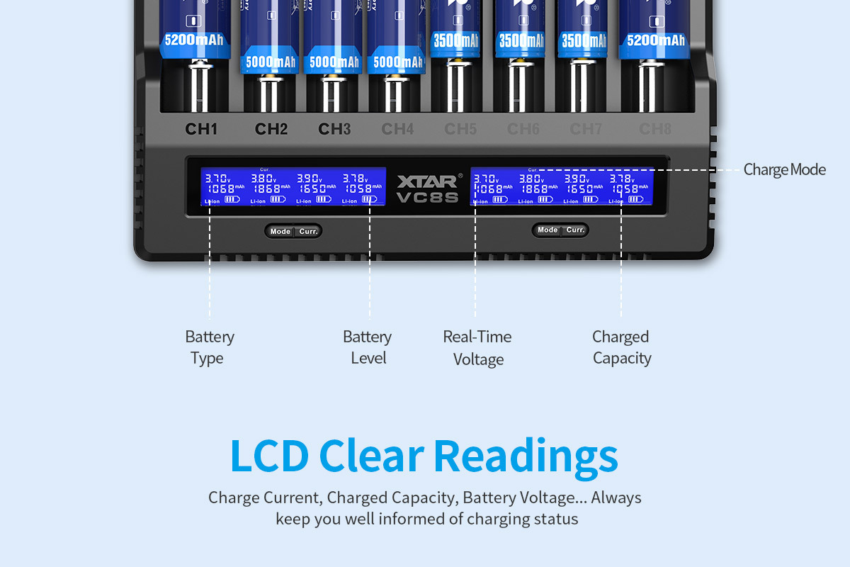 XTAR VC8S Intelligent 8-Slot Li-ion & Ni-MH Battery Charger