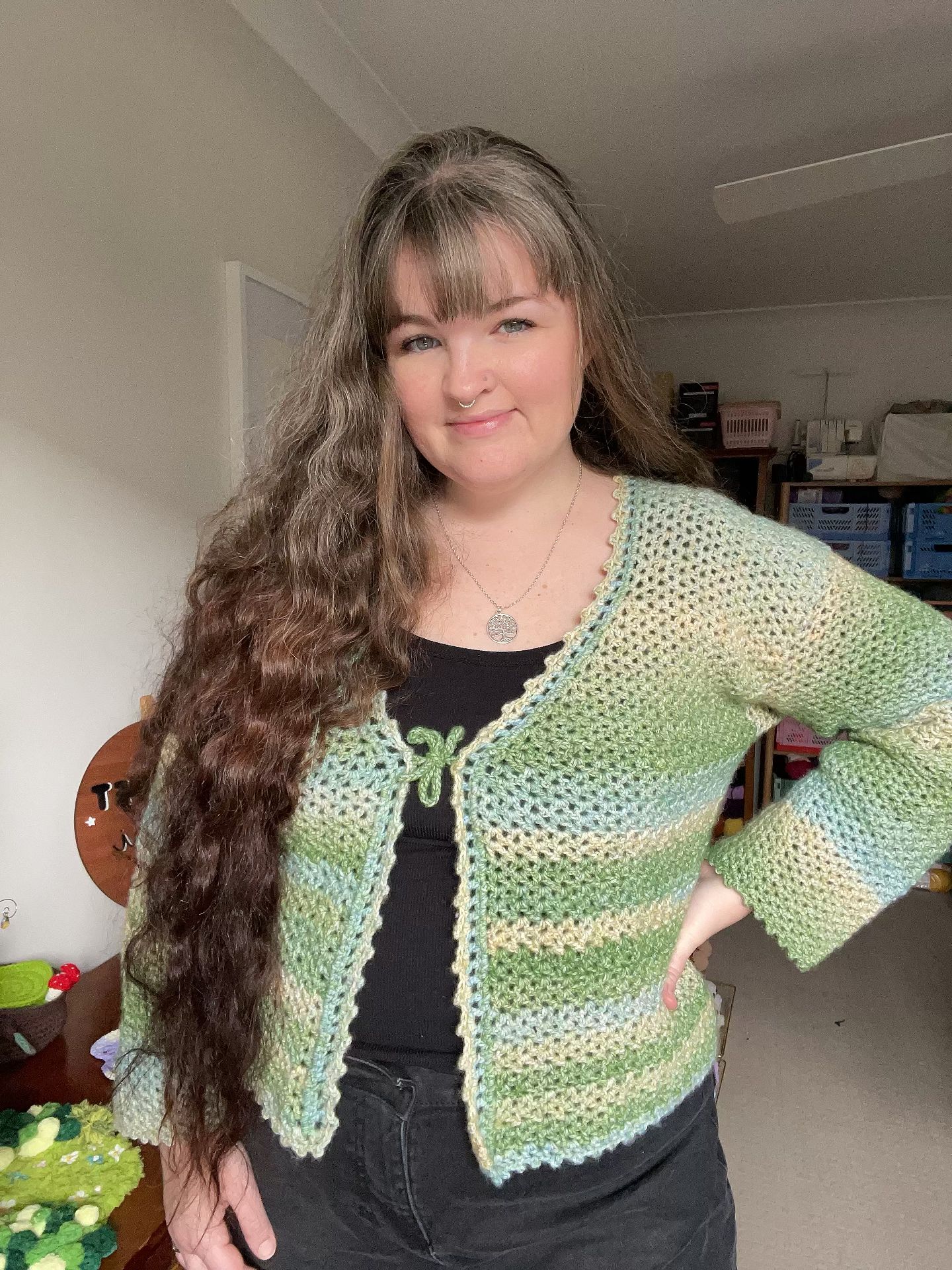 Nellie Cardigan in Kestrel's Kaleidoscope, made by Crochet by Rhi