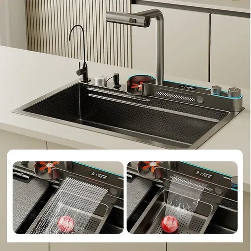 80x45cm Integrated Waterfall Kitchen Sink Honeycomb Technology Large Digitial Display Stainless Steel Water Filter Cup Washer