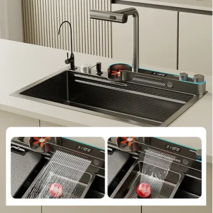 80x45cm Integrated Waterfall Kitchen Sink Honeycomb Technology Large Digitial Display Stainless Steel Water Filter Cup Washer