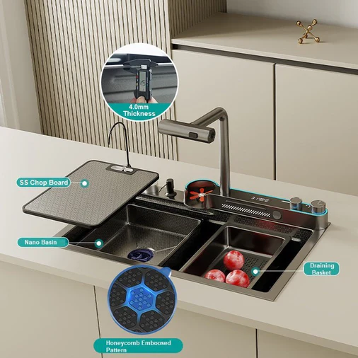 80x45cm Integrated Waterfall Kitchen Sink Honeycomb Technology Large Digitial Display Stainless Steel Water Filter Cup Washer