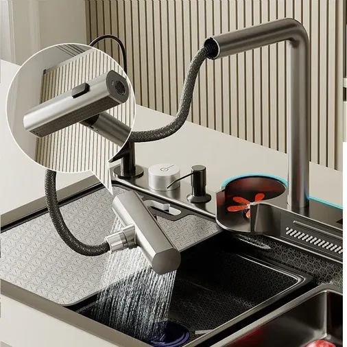 80x45cm Integrated Waterfall Kitchen Sink Honeycomb Technology Large Digitial Display Stainless Steel Water Filter Cup Washer
