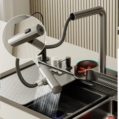 80x45cm Integrated Waterfall Kitchen Sink Honeycomb Technology Large Digitial Display Stainless Steel Water Filter Cup Washer