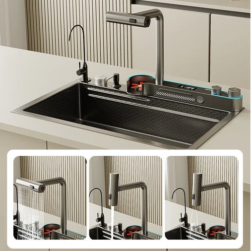 80x45cm Integrated Waterfall Kitchen Sink Honeycomb Technology Large Digitial Display Stainless Steel Water Filter Cup Washer