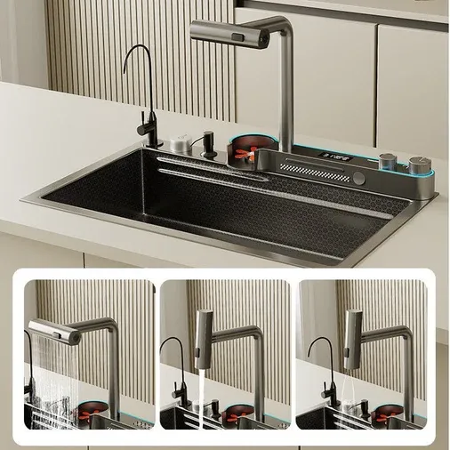 80x45cm Integrated Waterfall Kitchen Sink Honeycomb Technology Large Digitial Display Stainless Steel Water Filter Cup Washer