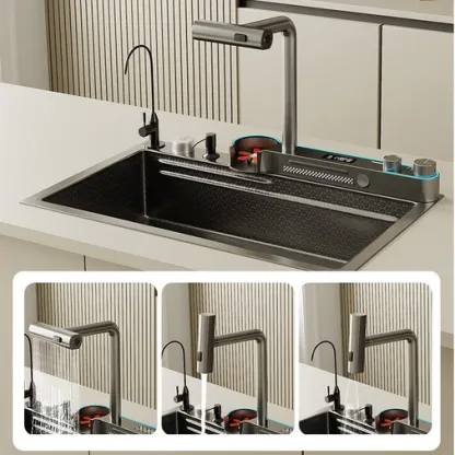 80x45cm Integrated Waterfall Kitchen Sink Honeycomb Technology Large Digitial Display Stainless Steel Water Filter Cup Washer