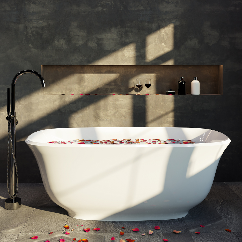 BelBagno BADEN Freestanding Bathtub Acrylic Glossy White Oval Shape With Overflow