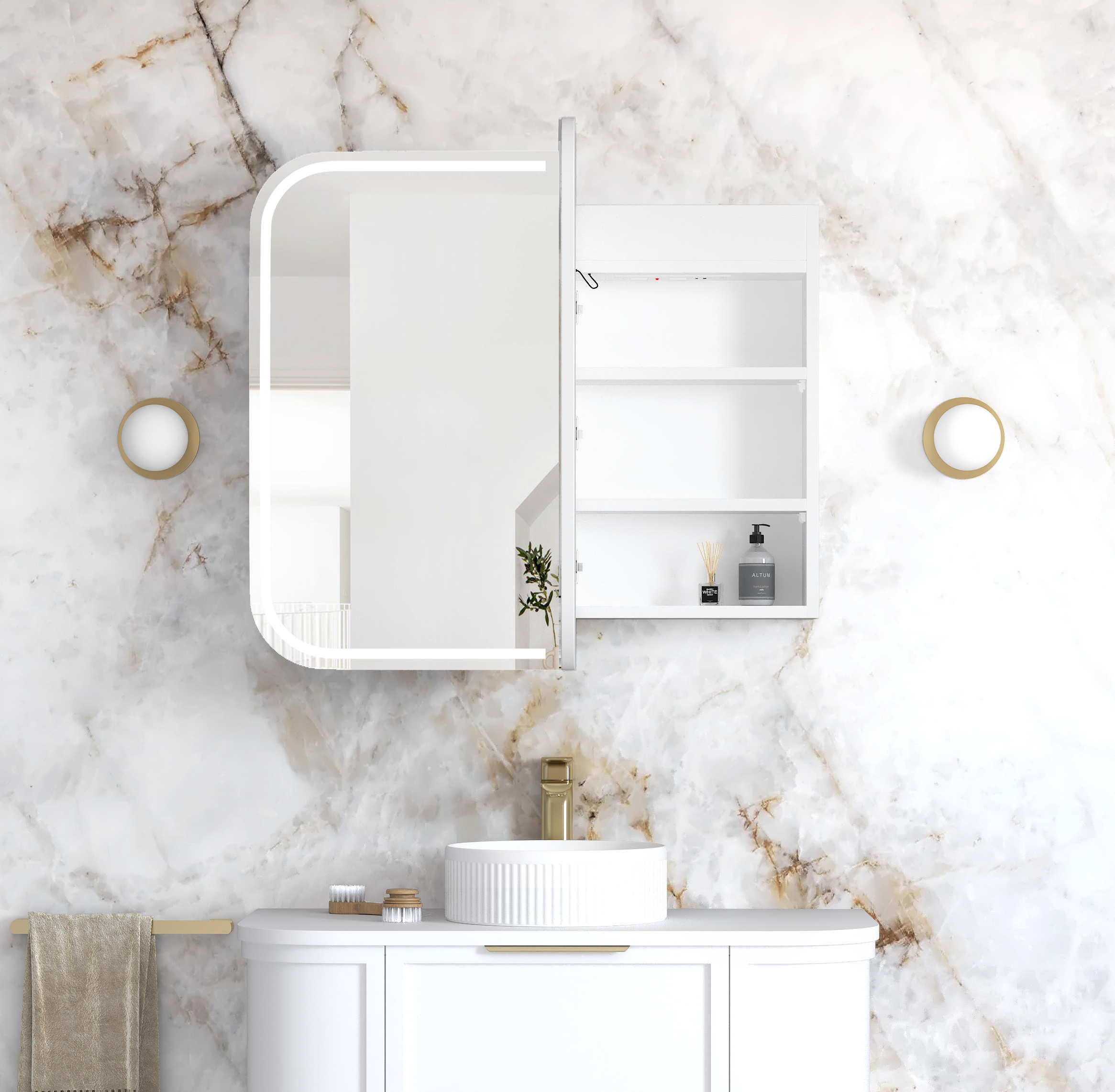 Newport Matte White LED Shaving Cabinet With Power point 900X750MM
