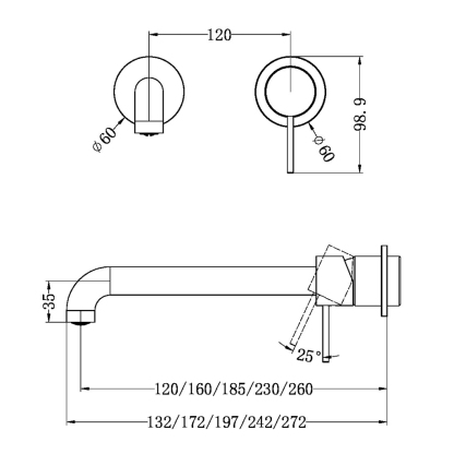 MECCA WALL BASIN/BATH MIXER SEPARATE BACK PLATE 185MM BG