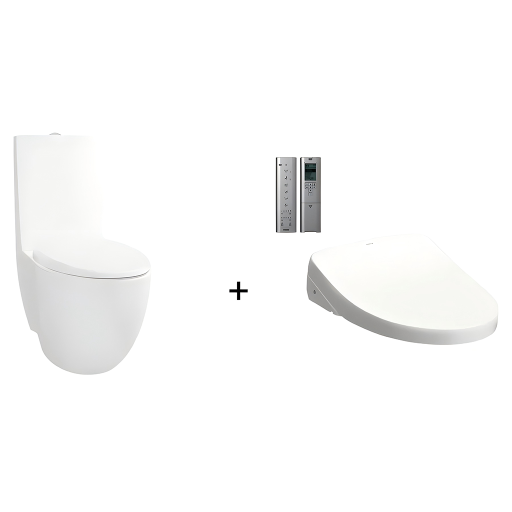 TOTO LE MUSE CLOSE COUPLED TOILET AND WASHLET W/ REMOTE CONTROL AND AUTOLID PACKAGE ELONGATED GLOSS WHITE