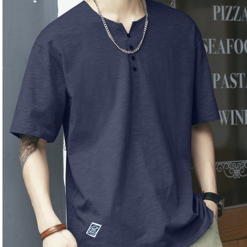 復古亨利領竹節棉短袖t恤男夏季寬松大碼半袖百搭體恤