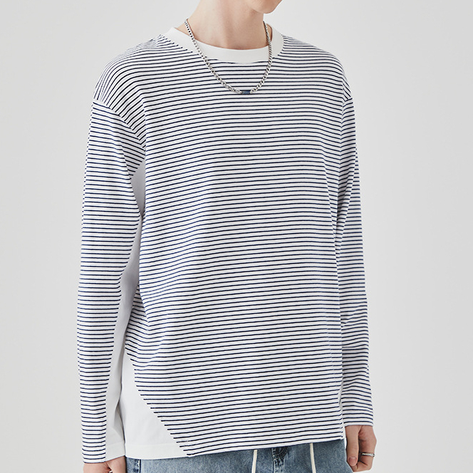 撞色條紋長袖T恤男士春秋季潮牌寬鬆圓領內搭上衣打底衫