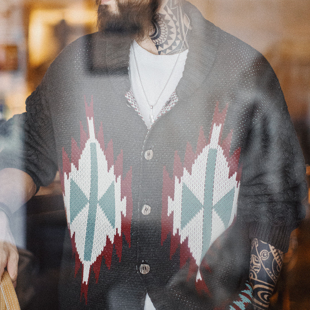 美式復古考津毛衣外套印第安青果領開衫針織毛衫男秋冬