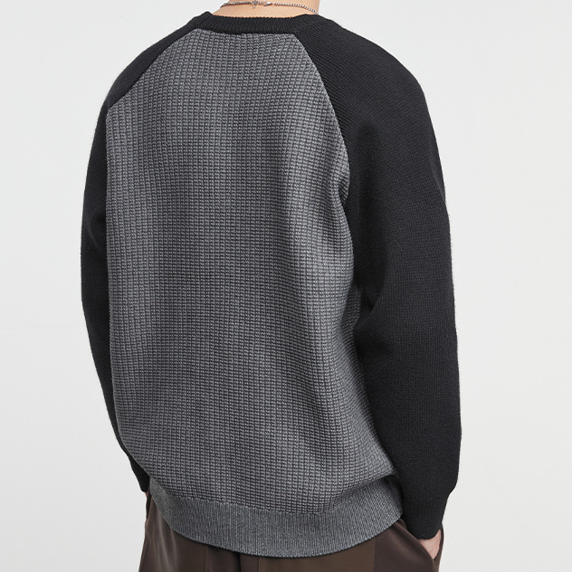 簡潮重磅拼色圓領毛衣男冬季肌理感美式拼接打底針織衫