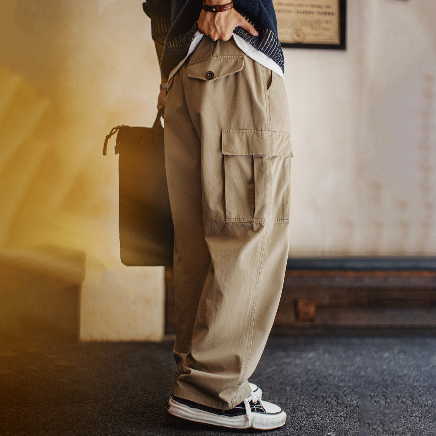 美式復古淺卡其M65大口袋直筒休閒褲老錢磨毛長褲子男秋