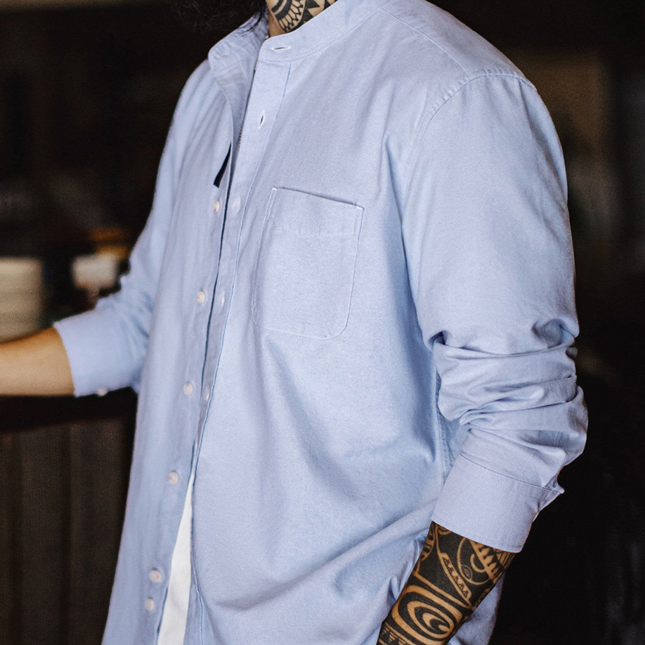 美式牛津布長袖襯衫小高領立領牛津紡純棉襯衣外套男款春