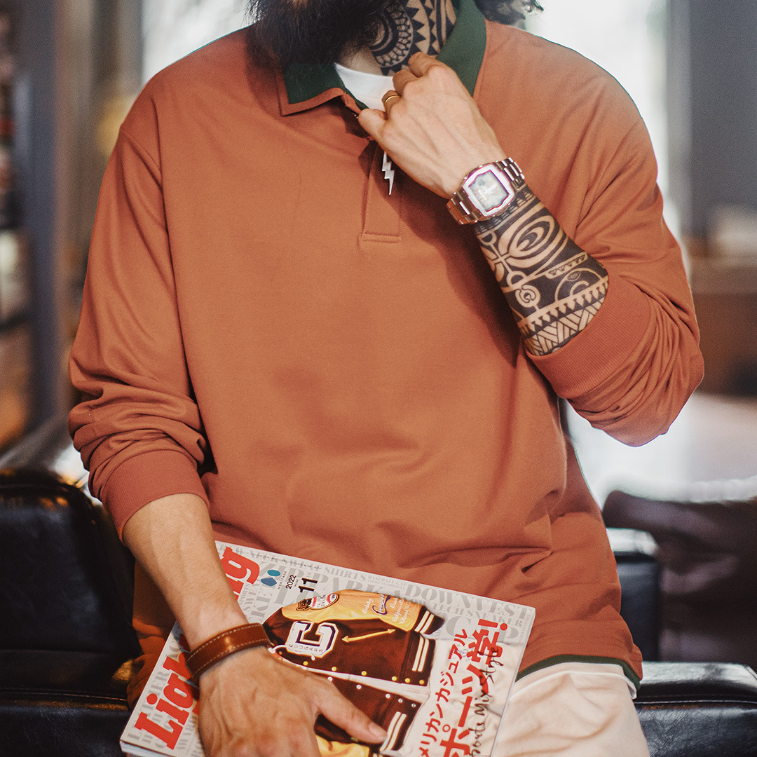 美式復古納瓦霍polo領衛衣假兩件長袖橘色針織polo衫男秋