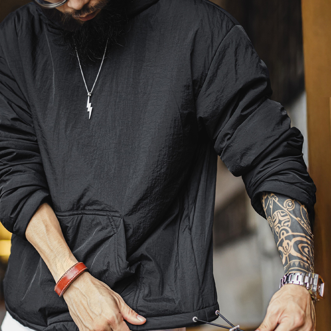 美式氣絨套頭口袋衛衣圓領連帽通勤加絨保暖廓形外套男冬