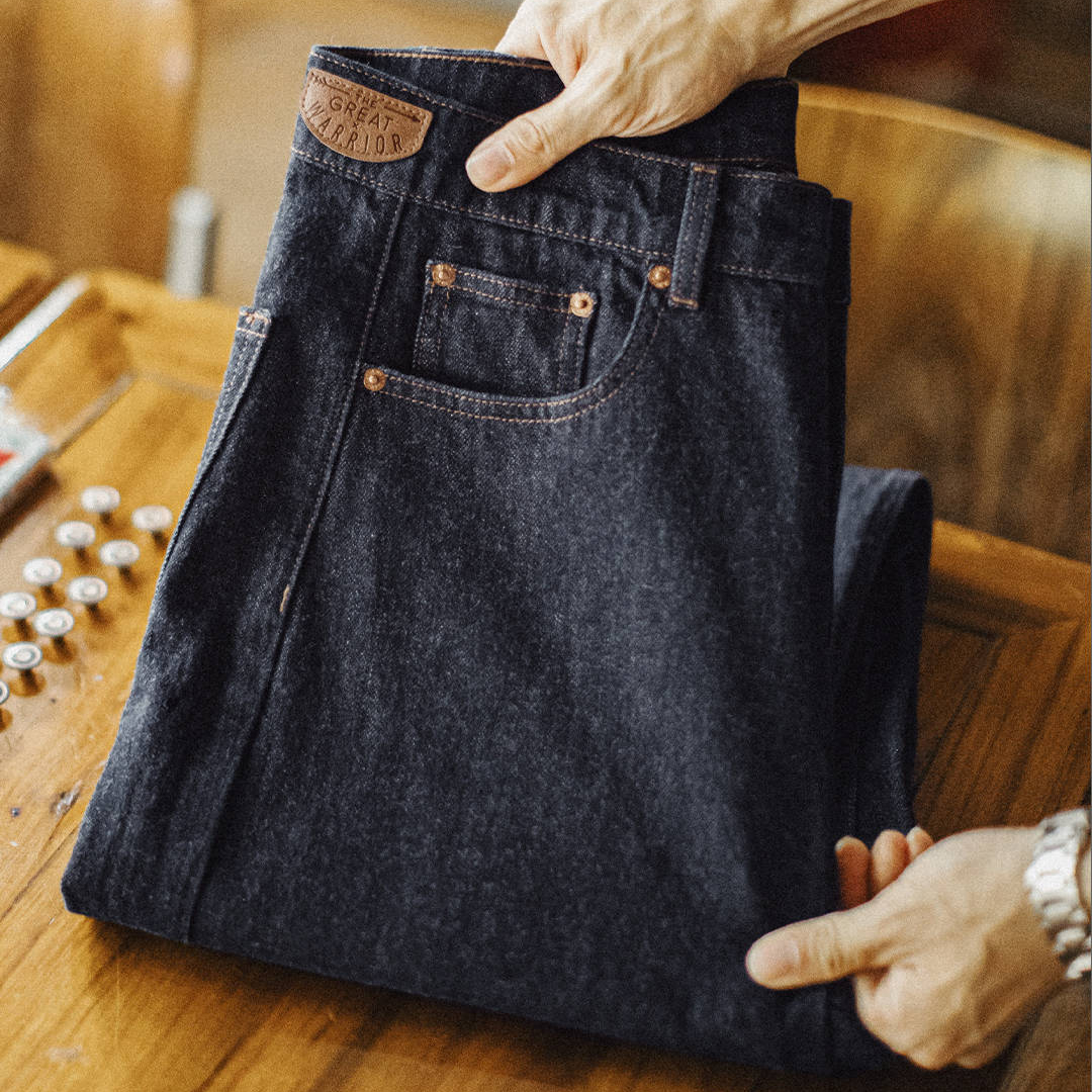 美式復古竹節深藍色牛仔褲直筒水洗丹寧休閒長褲子男士秋