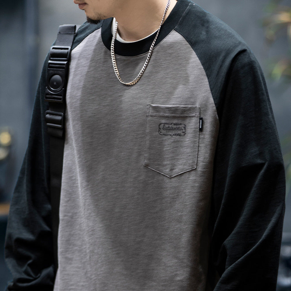 美式竹節棉長袖t恤男秋季潮牌寬松圓領撞色上衣男士休閑打底衫潮