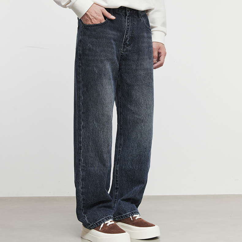 復古做舊寬鬆街廓直筒牛仔褲男秋冬休閒闊腿休閒牛仔長褲