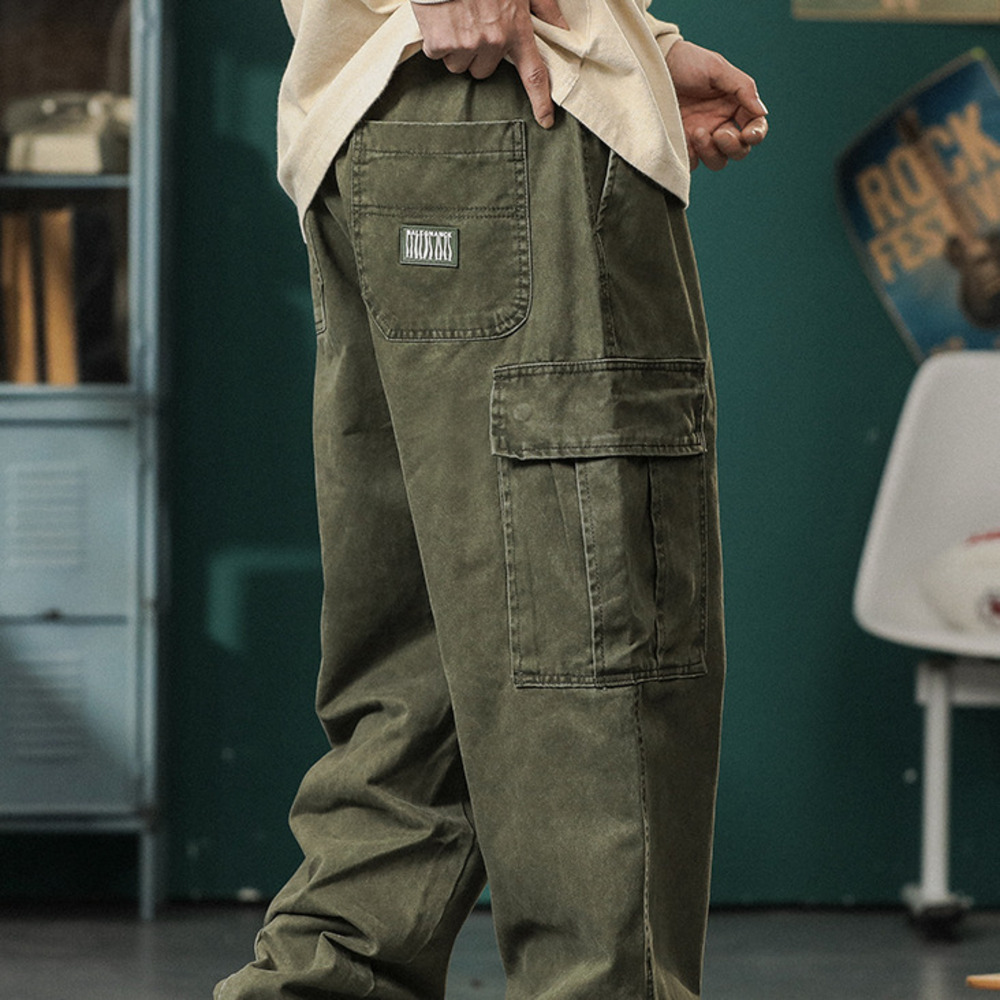 美式復古潮牌機能工裝褲男秋季寬松闊腿休閑褲子戶外露營長褲
