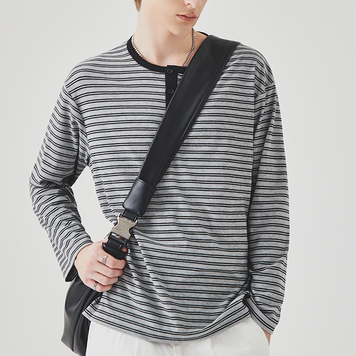 撞色條紋長袖男T恤春季新款潮牌寬鬆圓領內搭上衣打底衫