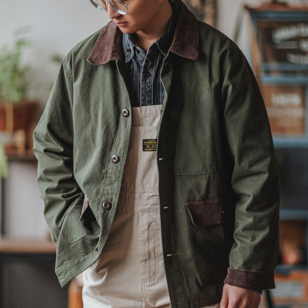 阿美咔叽密歇根鐵路工裝口袋夾克 美式拼色翻領寬松外套