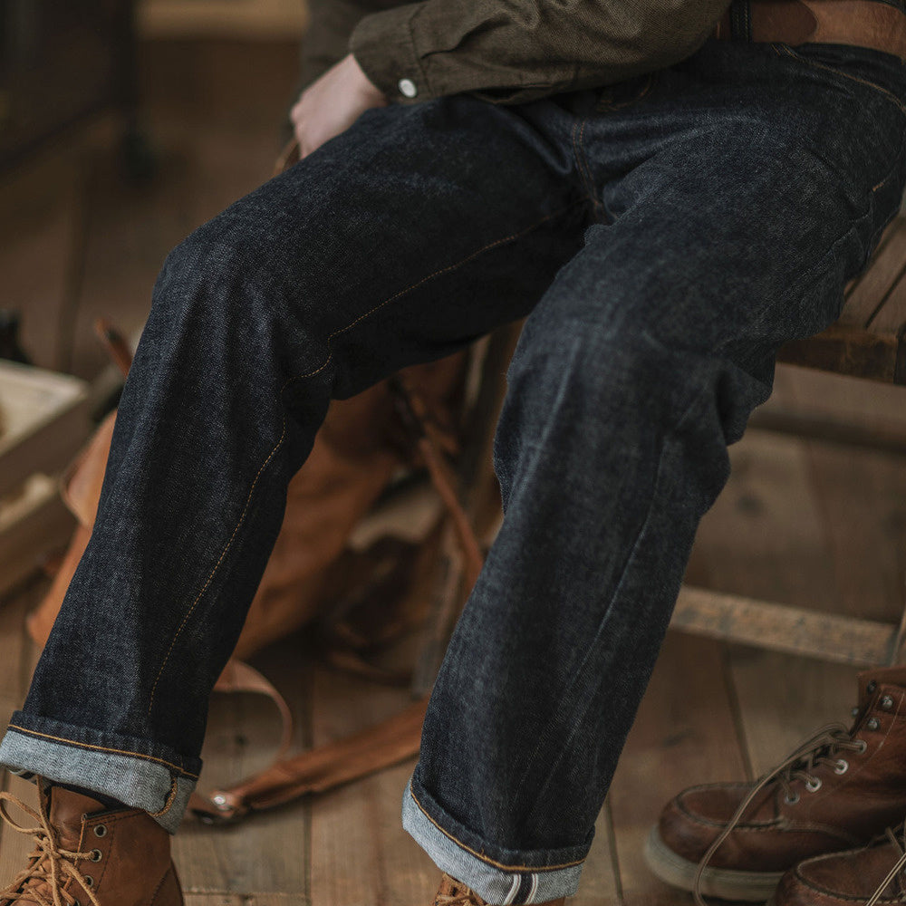 阿美咔叽丹寧復古赤耳脫漿牛仔褲 美式直筒寬松原牛色長褲